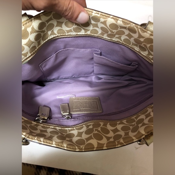 COACH Heritage Signature Stripe Gold Tote Double Handle Handbag Purse - Picture 14 of 16